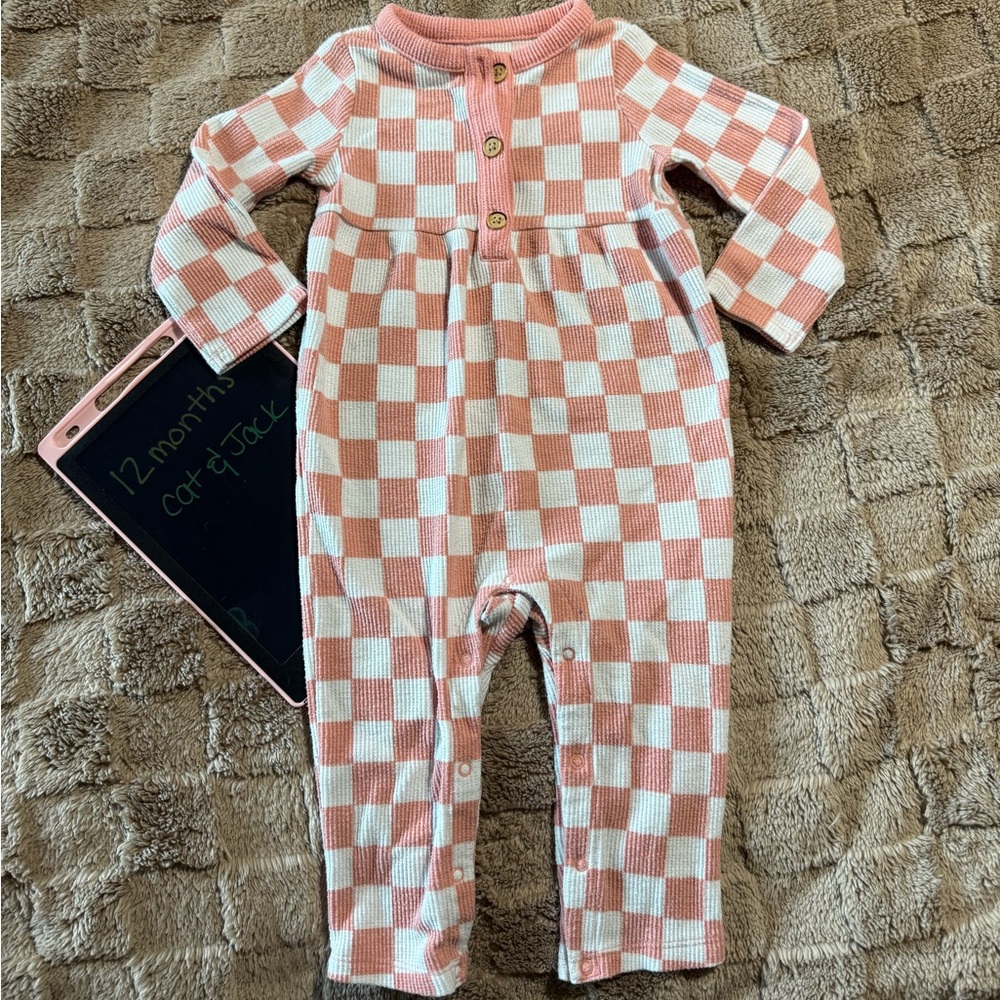 Cat & Jack Pink and White Checkered Longsleeve Romper
